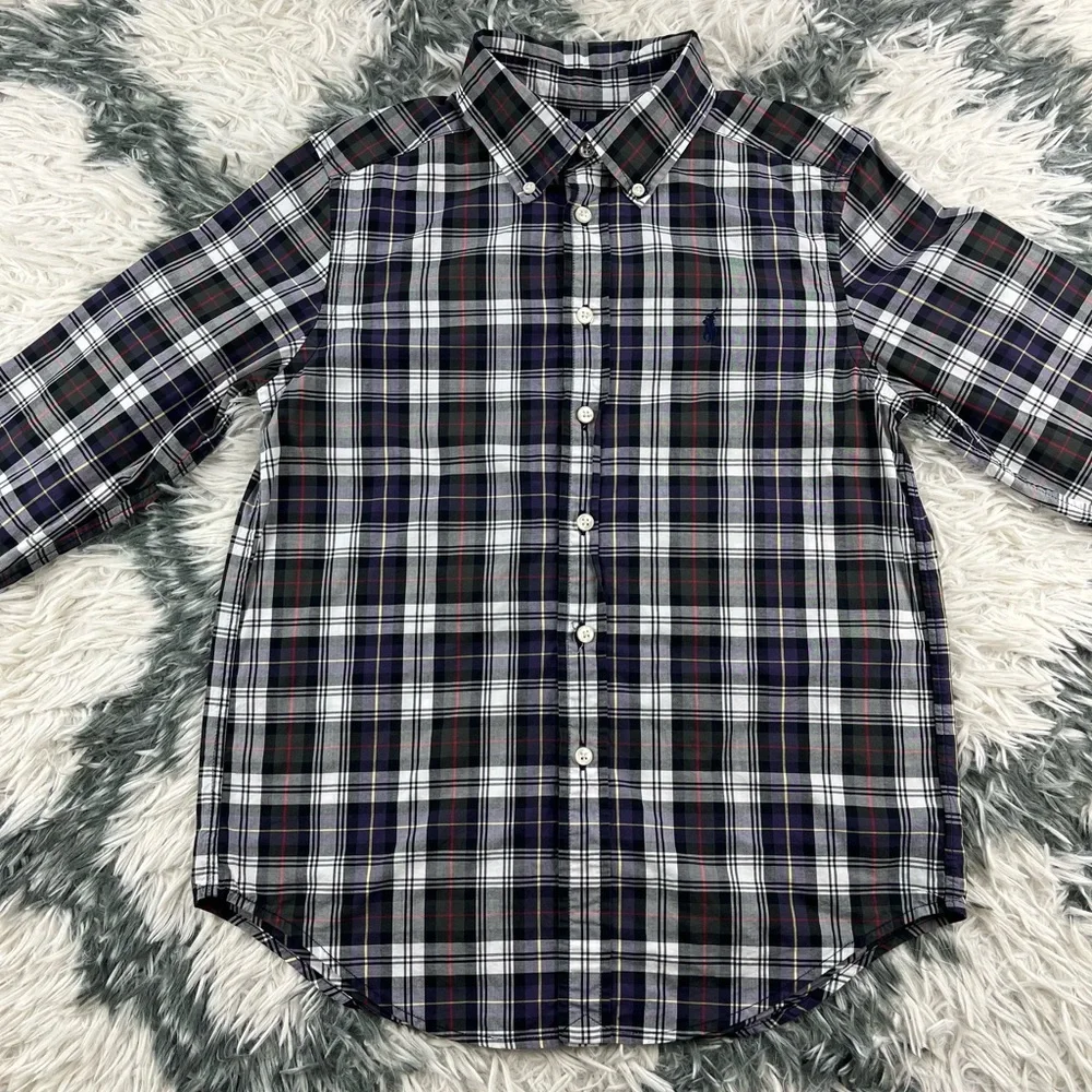 Ralph Lauren Kids Boys Purple Black Plaid Long Sleeve Button Up Shirt Size M